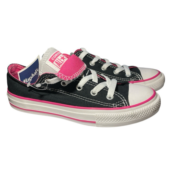 Converse Double Tongue Low Top Black Pink Sneakers Girls Juniors Size 1 654365F - Picture 1 of 12